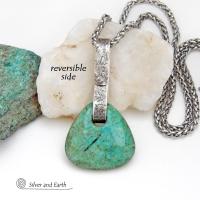 This one-of-a-kind pendant necklace features a beautiful chunky natural chrysocolla gemstone with a faceted finish. The stone is a beautiful shade of bluish-green which resembles turquoise. It hangs from a hand forged solid sterling silver bail with a lightly hammered organic texture. It's reversible. Unique and one-of-a-kind, it's sure to make a statement. Handmade in the USA by Silver and Earth Jewelry.