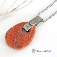Orange Fire Agate Sterling Silver Pendant Necklace - Bold Modern Gemstone Jewelry
