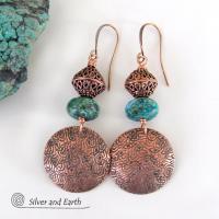 Hand Stamped Copper Dangle Earrings with Chrysocolla Gemstones & Filigree Beads - Modern Boho Chic Artisan Handmade Jewelry