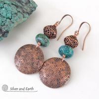 Hand Stamped Copper Dangle Earrings with Chrysocolla Gemstones & Filigree Beads - Modern Boho Chic Artisan Handmade Jewelry