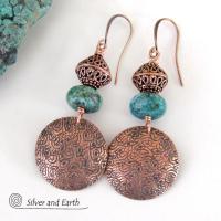 Hand Stamped Copper Dangle Earrings with Chrysocolla Gemstones & Filigree Beads - Modern Boho Chic Artisan Handmade Jewelry