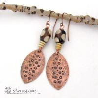 African Batik Bone & Copper Dangle Earrings with Rustic Hammered & Stamped Texture - Bold Unique Ethnic Boho Tribal Jewelry