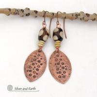 African Batik Bone & Copper Dangle Earrings with Rustic Hammered & Stamped Texture - Bold Unique Ethnic Boho Tribal Jewelry