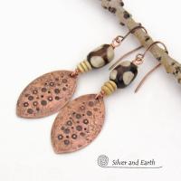 African Batik Bone & Copper Dangle Earrings with Rustic Hammered & Stamped Texture - Bold Unique Ethnic Boho Tribal Jewelry