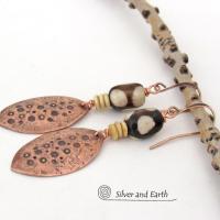 African Batik Bone & Copper Dangle Earrings with Rustic Hammered & Stamped Texture - Bold Unique Ethnic Boho Tribal Jewelry