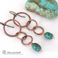 Long Copper Chain Earrings with Dangling Natural African Turquoise Stones