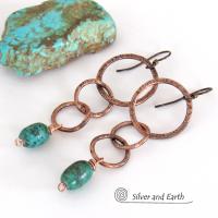 Long Copper Chain Earrings with Dangling Natural African Turquoise Stones