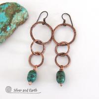 Long Copper Chain Earrings with Dangling Natural African Turquoise Stones