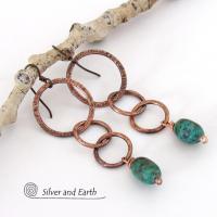 Long Copper Chain Earrings with Dangling Natural African Turquoise Stones