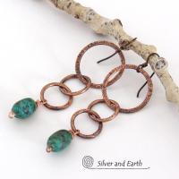 Long Copper Chain Earrings with Dangling Natural African Turquoise Stones