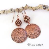 Copper Circle Dangle Earrings with Hand Stamped & Hammered Texture - Unique Handmade Artisan Metal Jewelry