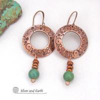 Hand Stamped Copper Circle Hoop Earrings with Turquoise Stone Dangles - Unique Modern Boho Artisan Handmade Jewelry