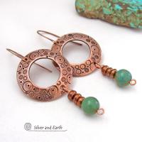 Hand Stamped Copper Circle Hoop Earrings with Turquoise Stone Dangles - Unique Modern Boho Artisan Handmade Jewelry