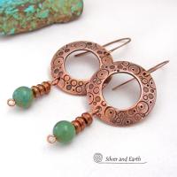 Hand Stamped Copper Circle Hoop Earrings with Turquoise Stone Dangles - Unique Modern Boho Artisan Handmade Jewelry