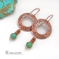 Hand Stamped Copper Circle Hoop Earrings with Turquoise Stone Dangles - Unique Modern Boho Artisan Handmade Jewelry