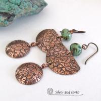 Copper Dangle Earrings with African Turquoise - Hand Forged Metal Jewelry