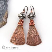 Bohemian Tribal Copper Earrings with Silver Beads - Unique Handcrafted Mixed Metal Jewelry