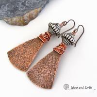 Bohemian Tribal Copper Earrings with Silver Beads - Unique Handcrafted Mixed Metal Jewelry