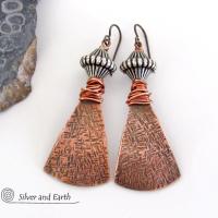 Bohemian Tribal Copper Earrings with Silver Beads - Unique Handcrafted Mixed Metal Jewelry