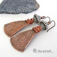 Bohemian Tribal Copper Earrings with Silver Beads - Unique Handcrafted Mixed Metal Jewelry