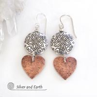 Mixed Metal Copper Heart Earrings with Pewter Beads - Romantic Jewelry Gifts for Women