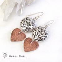 Mixed Metal Copper Heart Earrings with Pewter Beads - Romantic Jewelry Gifts for Women