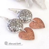 Mixed Metal Copper Heart Earrings with Pewter Beads - Romantic Jewelry Gifts for Women