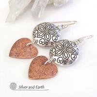 Mixed Metal Copper Heart Earrings with Pewter Beads - Romantic Jewelry Gifts for Women