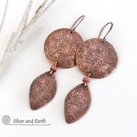 Copper Dangle Earrings with Hand Stamped Leaf Texture - Earthy Nature Jewelry Gifts for Women