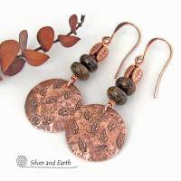 Copper Earrings with Hand Stamped Leaves & Brown Bronzite Stones - Artisan Handmade Earthy Nature Jewelry Gifts for Women