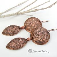 Copper Dangle Earrings with Hand Stamped Leaf Texture - Earthy Nature Jewelry Gifts for Women