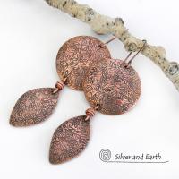Copper Dangle Earrings with Hand Stamped Leaf Texture - Earthy Nature Jewelry Gifts for Women