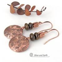 Copper Earrings with Hand Stamped Leaves & Brown Bronzite Stones - Artisan Handmade Earthy Nature Jewelry Gifts for Women