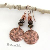 Copper Earrings with Hand Stamped Leaves & Brown Bronzite Stones - Artisan Handmade Earthy Nature Jewelry Gifts for Women