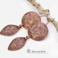 Copper Dangle Earrings with Hand Stamped Leaf Texture - Earthy Nature Jewelry Gifts for Women