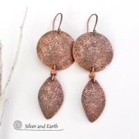 Copper Dangle Earrings with Hand Stamped Leaf Texture - Earthy Nature Jewelry Gifts for Women