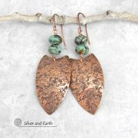 Large Copper Tribal Shield Earrings with Natural African Turquoise Stones 