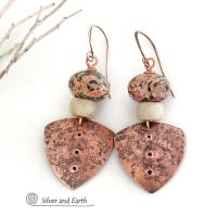 Copper Boho Tribal Shield Earrings with Natural Leopard Skin Jasper Stones & African Glass Beads