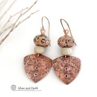 Copper Boho Tribal Shield Earrings with Natural Leopard Skin Jasper Stones & African Glass Beads