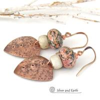 Copper Boho Tribal Shield Earrings with Natural Leopard Skin Jasper Stones & African Glass Beads
