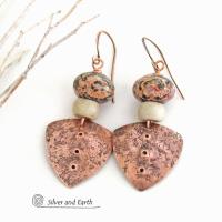 Copper Boho Tribal Shield Earrings with Natural Leopard Skin Jasper Stones & African Glass Beads