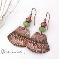 Textured Copper Earrings with Green Serpentine Stones - Rustic Earthy Bohemian Tribal Style Jewelry