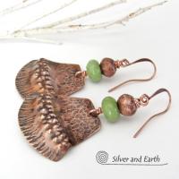 Textured Copper Earrings with Green Serpentine Stones - Rustic Earthy Bohemian Tribal Style Jewelry