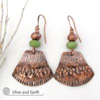 Textured Copper Earrings with Green Serpentine Stones - Rustic Earthy Bohemian Tribal Style Jewelry