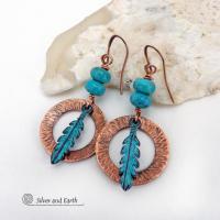 These handcrafted earrings feature round copper hoops with a hammered texture accented with a stack of turquoise beads and patina blue verdigris feathers. Lightweight and comfortable to wear - they'll add a touch of boho southwestern style to your wardrobe. Handmade in the USA by Silver and Earth Jewelry. 