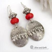Textured Sterling Silver Oval Dangle Earrings with Red Coral - Modern Tribal Jewelry