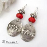 Textured Sterling Silver Oval Dangle Earrings with Red Coral - Modern Tribal Jewelry