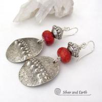 Textured Sterling Silver Oval Dangle Earrings with Red Coral - Modern Tribal Jewelry