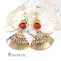 Textured Gold Brass Earrings with Red Coral - Unique Boho Chic Style Jewelry