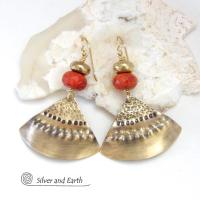 Textured Gold Brass Earrings with Red Coral - Unique Boho Chic Style Jewelry
